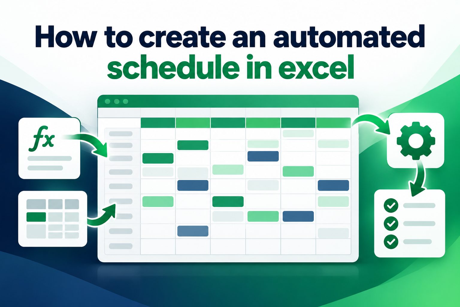 Excel spreadsheet displaying an automated weekly schedule with color-coded tasks and dates